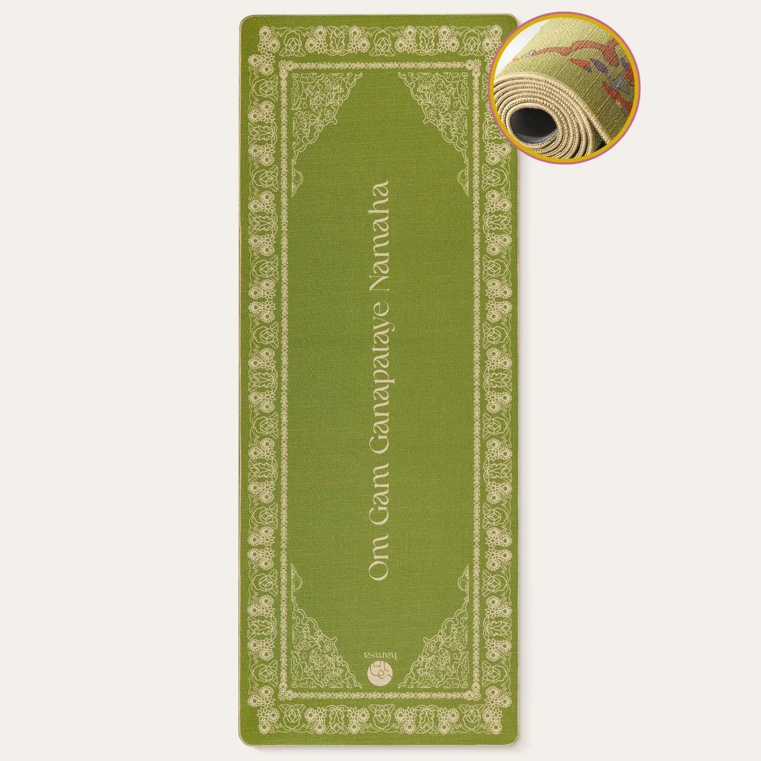 Hamsa Eco grüne Ganapati Yogamatte aus natürlichen Materialien – rutschfest, biologisch abbaubar, inspiriert von Ganesha und dem Mantra ‚Om Gam Ganapataye Namaha‘ für Meditation und Vinyasa Praxis