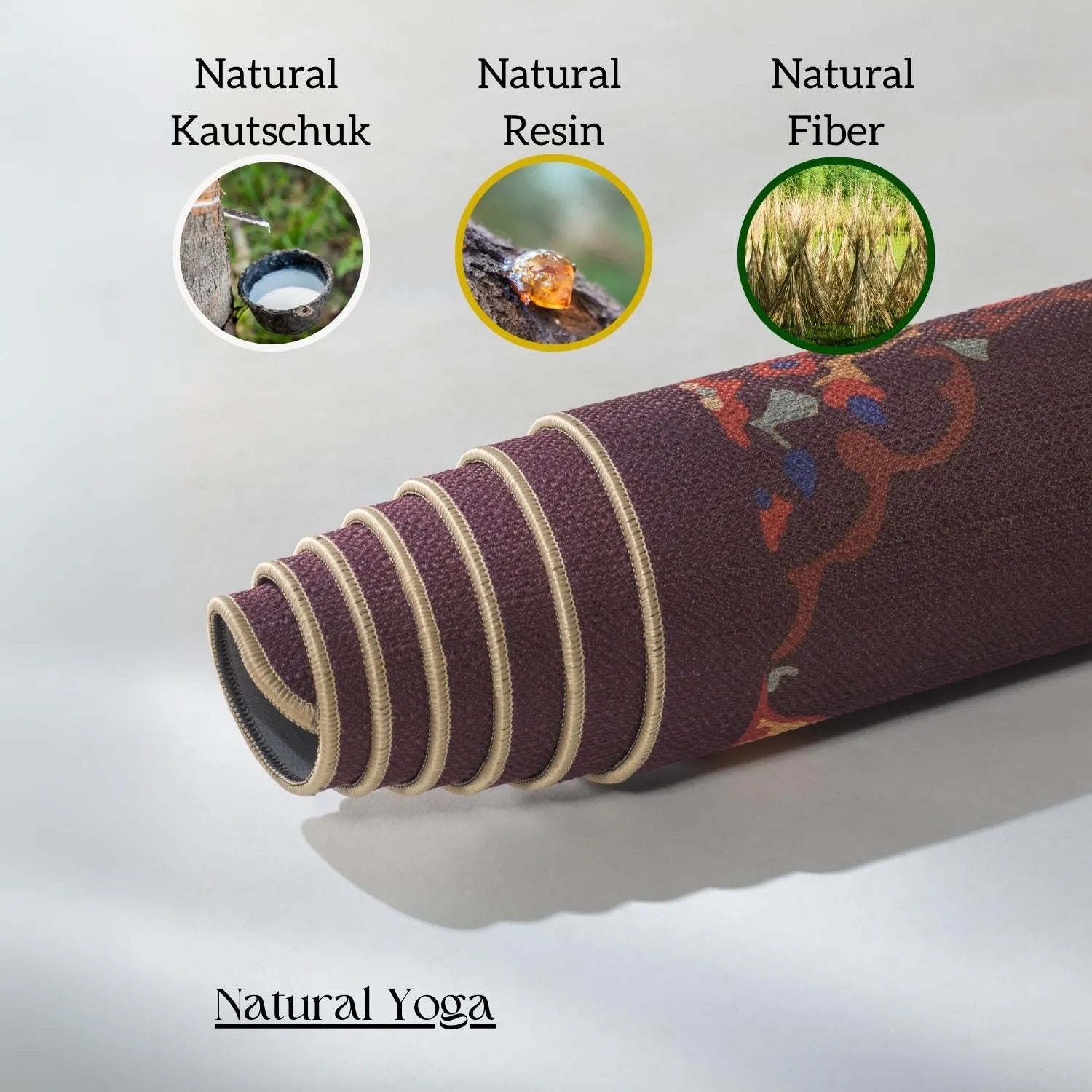 Detailaufnahme der Shakti Yogamatte mit Shiva-inspiriertem Design, rutschfester Naturkautschukoberfläche und natürlicher Gras-Faser-Textur.